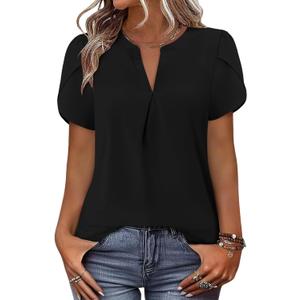 Magritta Women's Tops Dressy Casual Short Sleeve Pleated T-shirt 2025 Summer Loose Fitting Blouse Fashion V Neck Business Shirt (Small, A2black)
