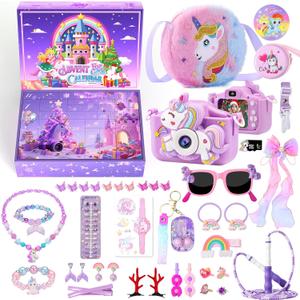 Advent Calendar for Girls 2025, Christmas Advent Calendar, 24 Days Unicorn Countdown Calendar Unique, Christmas Gifts for Girls with Kids Camera, Necklace, Bracelets, Jump Rope, Hair Clips, Glasses, Rings, Bag