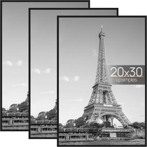 upsimples 20x30 Picture Frame Black 3 Pack, Scratch-Proof Poster Frames 20 x 30 for Photo Gallery - Slide-In Strips, Horizontal or Vertical Wall Mounting