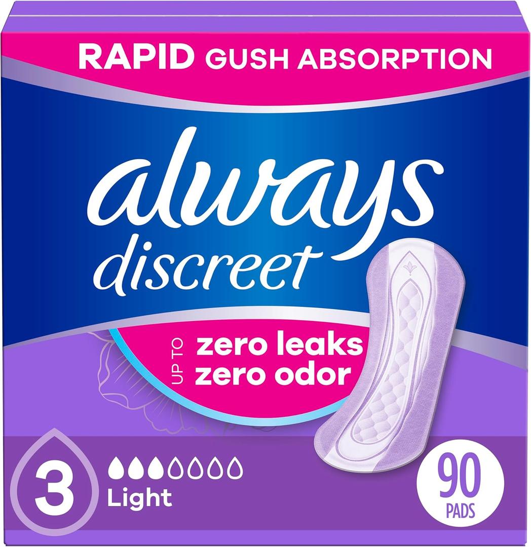 Always Discreet Adult Incontinence Pads for Women, Light Absorbency, Regular Length, Postpartum Pads, 30 Count (3 Packs of 30)