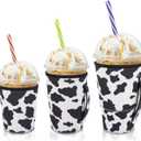 Iced Coffee Sleeve Insulator Sleeves for Cold Drinks Beverages, 3 Pack Reusable Neoprene Cup Sleeve with Handle for 16-32oz Coffee cups(Cow Print)