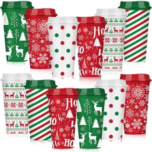 Pickmesh 12 Pcs Christmas Coffee Cups Gifts Bulk 16 oz Reusable Christmas Tree Snowflake Elk Pattern Tumblers with Lid Plastic Travel Coffee Mug for Women Coworkers Holiday Drinks