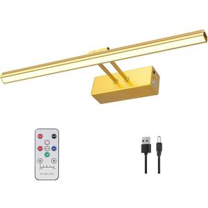 FUNCHDAY Picture Light, 5000mAh Battery Operated Picture Light for Wall, Wireless Remote Painting Light with Timer and Dimmable, 16Metal Art Light for Display, Wall, Artwork, Portrait, Gallery - Brass