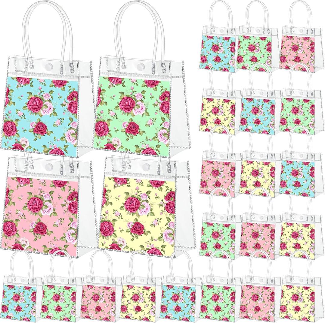 Gilprop 24 Pcs Small Rose Floral Clear PVC Gift Bags with Handles 5.9x6.3x2.76'' Transparent Mini Favor Bags, Reusable Treat Tote for Tea Party, Bridal Shower, Wedding Guests