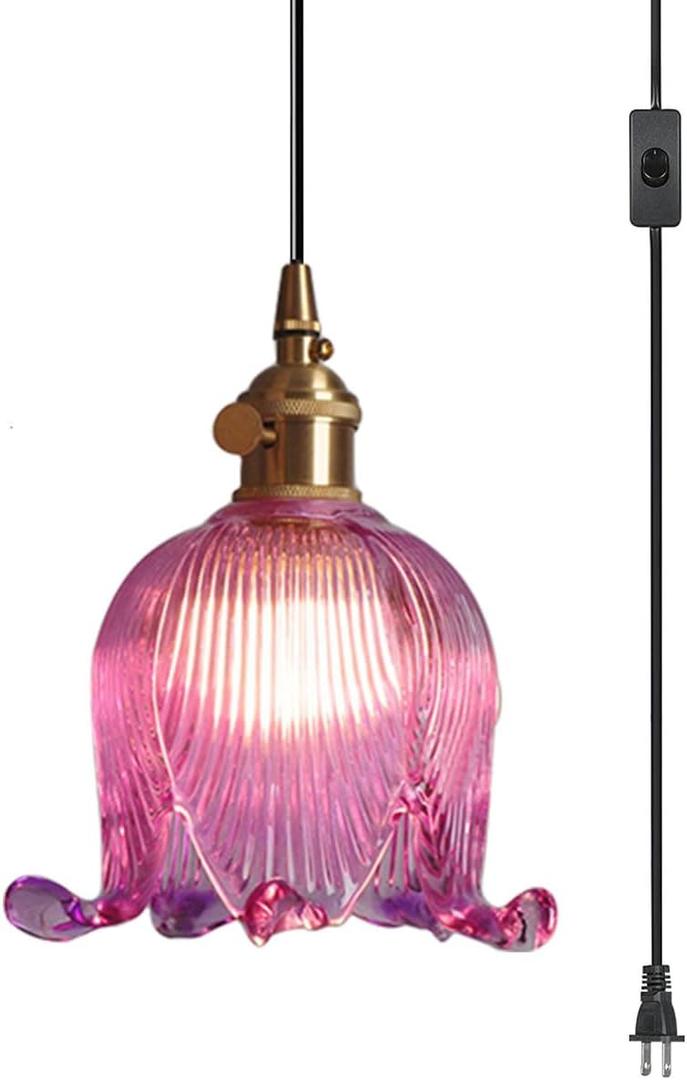 Hanging Swag Plug in Pendant Light Flower Shaped Purple Glass Plug Pendant Lamp with 15 ft Switch Cord Plug in Vintage Industrial Hanging Light for Kitchen Bedroom Background