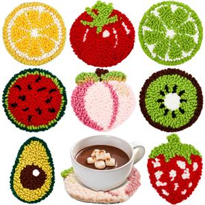 Preboun 8 Pcs Fruit Punch Needle Coaster Kit, Punch Needle Embroidery Kit for Adults Beginners,DIY Craft Supplies Tufted Coasters Including Yarns Hoop Tools