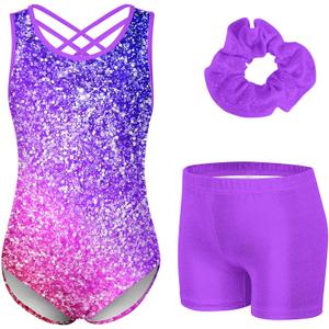 Idgreatim 5-10 Years Gymnastics Leotards for Girls Shiny tumbling outfits with Shorts Unitards Biketards (7-8 Years, Sunset Purple)