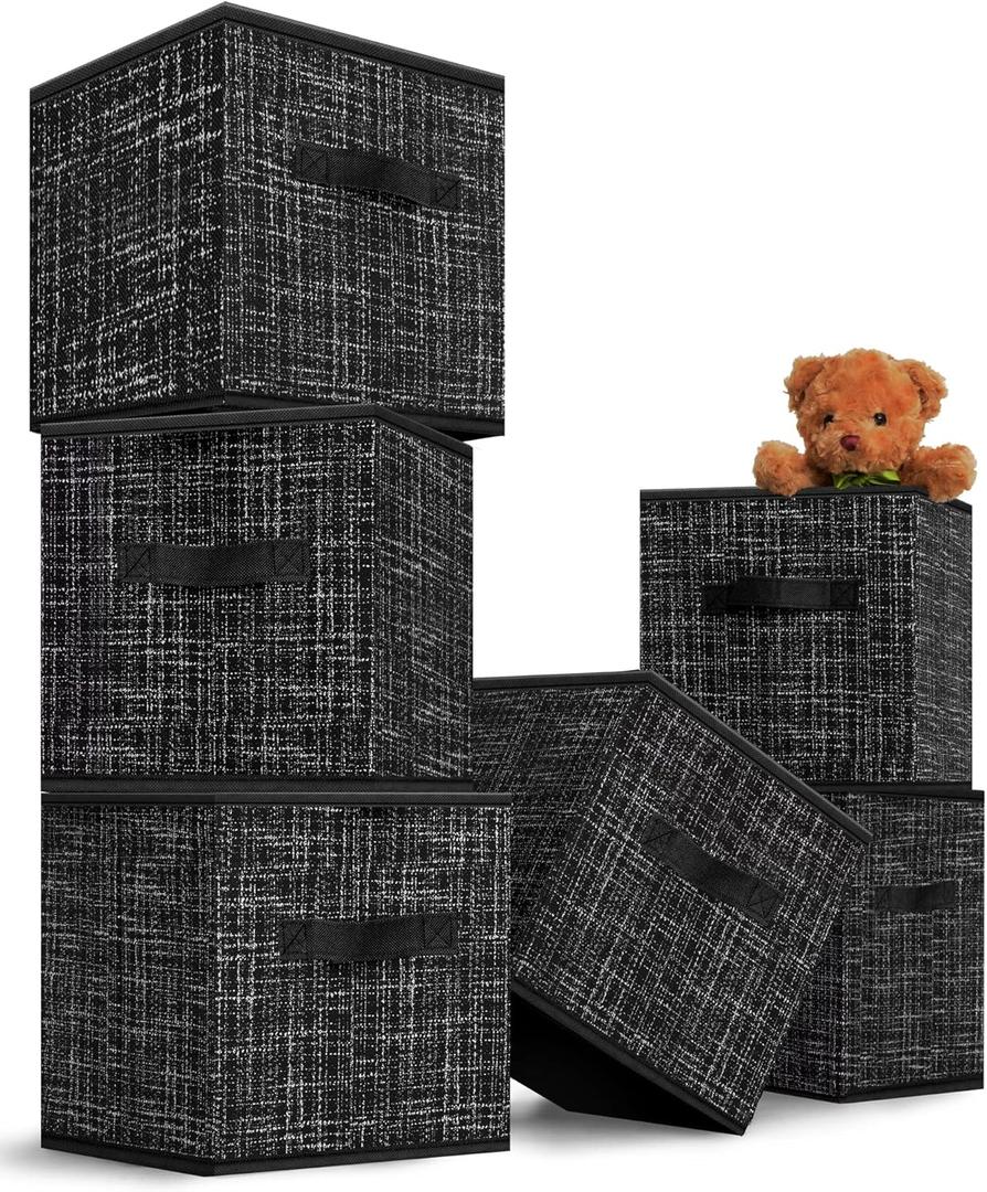 MYTHAUS Foldable Storage Cube Bins Organizer - Cube Storage Bin, Decorative Cube Storage Organizer, Storage Basket Dual Handles, 11X11 Closet Organizer, for Clothes/ Toy/ Sundries 6 Pack(Black Grid)