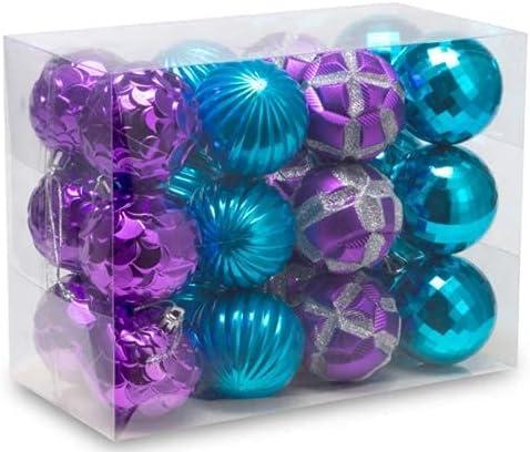 AUXO-FUN 2.36"/60mm shatterproof Christmas Ball Ornaments Tree Decoration Baubles Set of 24 Counts (Purple & Blue)