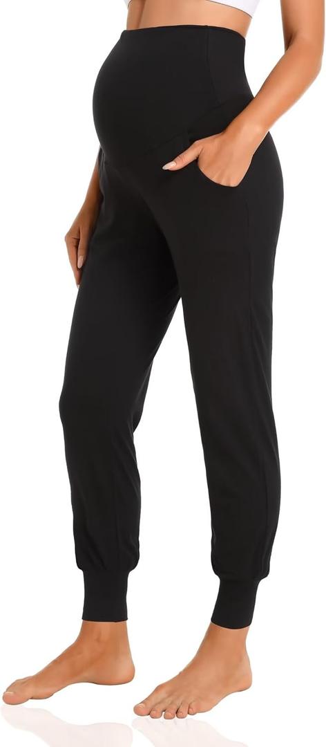 V VOCNI Women's Maternity Pants Maternity Activewear Jogger Track Cuff Sweatpants Over The Belly Stretchy Pregnancy Pants (Large, Black)
