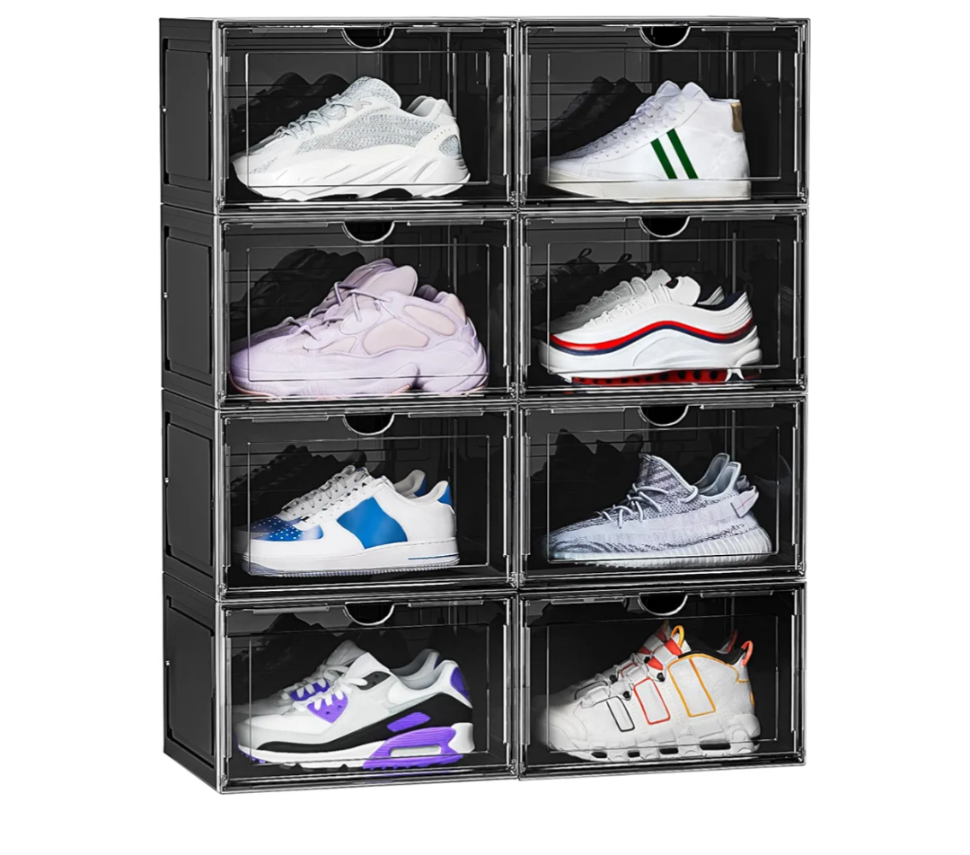 2 Pack XL Shoe Storage Box Organizer,Drop Side Large Shoe Boxes Clear Plastic Stackable Container,Magnetic Sneaker Display Case, 2 Pack Black)