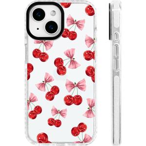 for iPhone 13 / iPhone 14 Case [Military-Grade Drop Protection/Cute Soft Slim TPU Protective/Camera Protection/Women & Girls] - Pink Bow with Red Cherry Scatter Pattern
