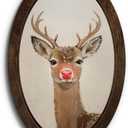 YZSLA Red Nose Reindeer Christmas Deer Framed Wall Art Decor, Christmas Home Room Decor, Rustic Winter Xmas Red Deer Holiday Wooden Oval Wall Decorations for Home Bedroom Living Room, 15.74x10.23