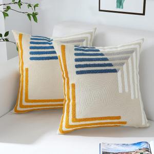 Embroidered Summer Fall Pillow Covers 18x18 Set of 2 Accent Boho Geometric Pattern Cotton Outdoor Throw Pillow Covers for Couch Bed Living Room, Yellow and Blue