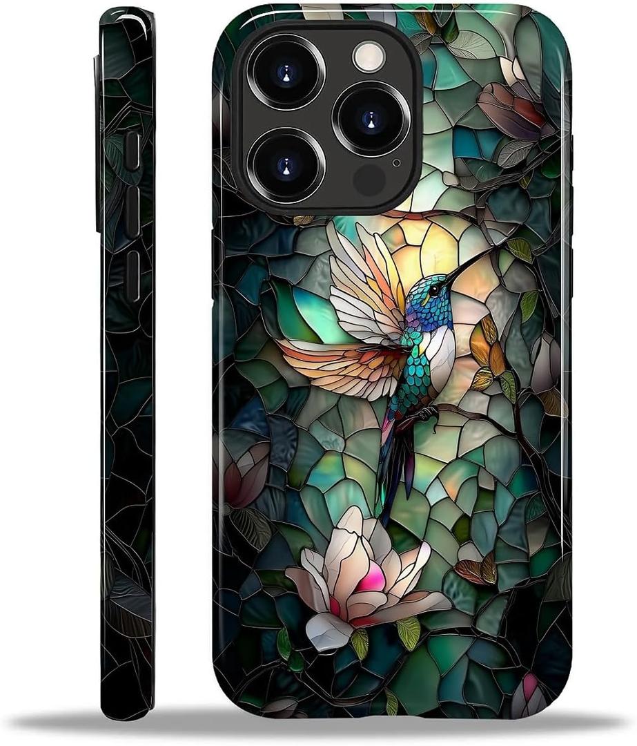 Compatible with iPhone 14 Pro Max Case,Hybrid 2-Layer Hard Shell Silicone Case - Stained Glass Hummingbird - Scratch Resistant Shockproof Cover
