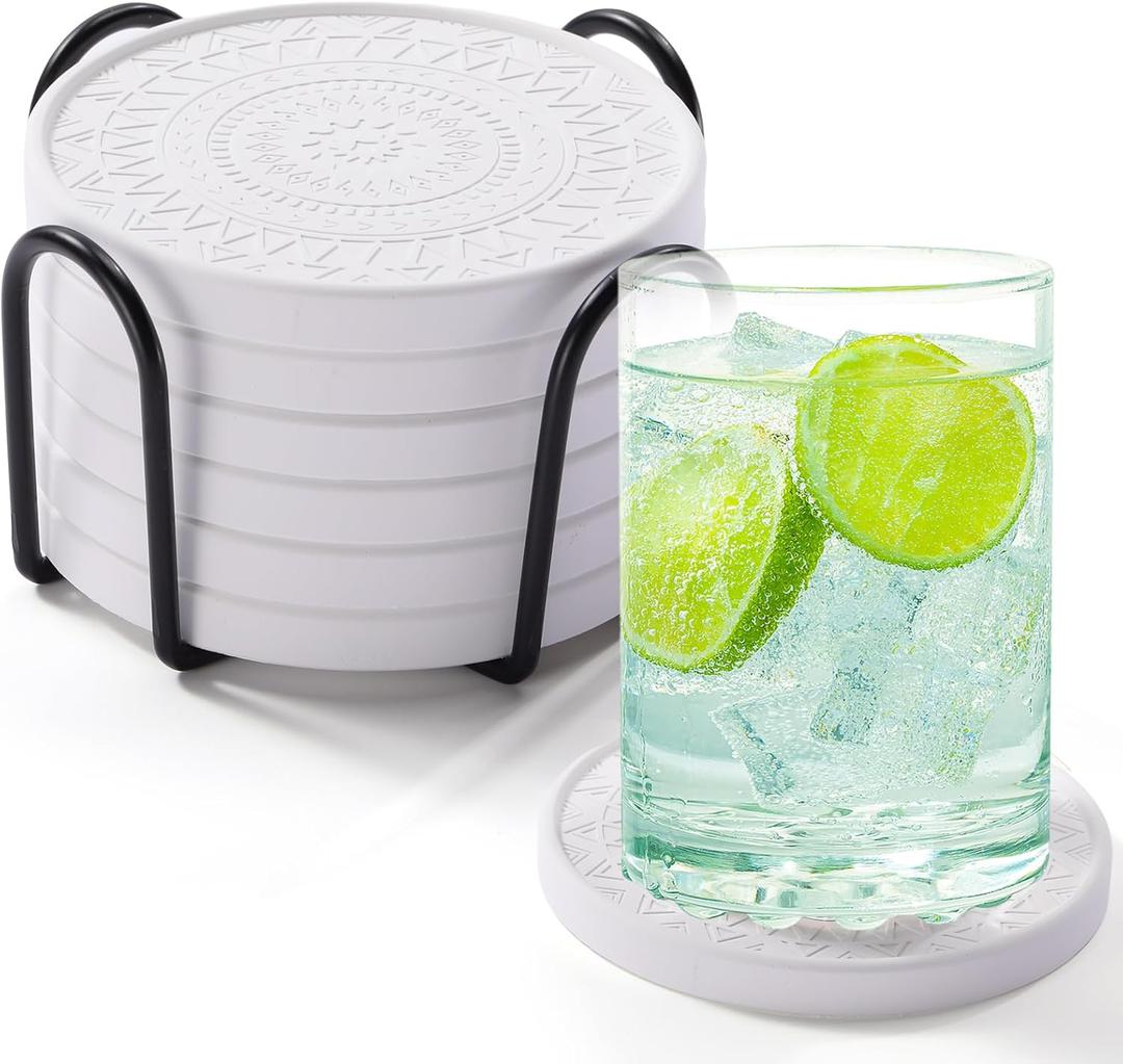 Photect Diatomaceous Earth Coasters Set with Holder Absorbent Stone Drink Coasters Instant Drying Tray for Tabletop Protection Home Decoration Housewarming Gift(White,6 Pcs)