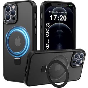Compatible with iPhone 12 pro max Case with Magnetic Ring Stand, Military Drop Protection, Anti-Scratch/Anti-Fingerprint Translucent Matte Phone Case for iPhone 12 pro max (Black)