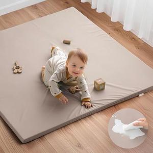 Blissful Diary Vegan Leather Baby Play Mat, 50x50 Thicken Foam Cushioned & Waterproof Playpen Mat for Infants and Toddlers, Stylish and Just Wipe-Clean Playmat for Baby Play on Floor, Brown Gray
