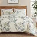 MOVE OVER 100% Cotton Duvet Cover Set Queen Size, Beige Green Botanical Floral Bedding Set with Zipper Closure & Corner Ties, Soft Breathable Vintage Flower Duvet Cover Set for All Seasons