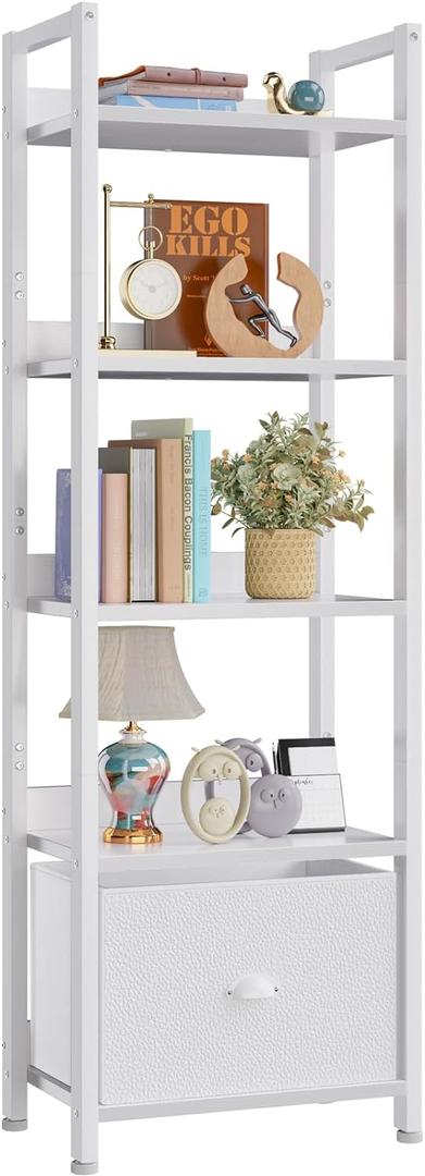 Furologee 5 Tier Bookshelf with Drawer, Tall Narrow Bookcase with Shelves, Wood and Metal Book Shelf Storage Organizer, Modern Display Standing Shelf Unit for Bedroom, Living Room, Office, White