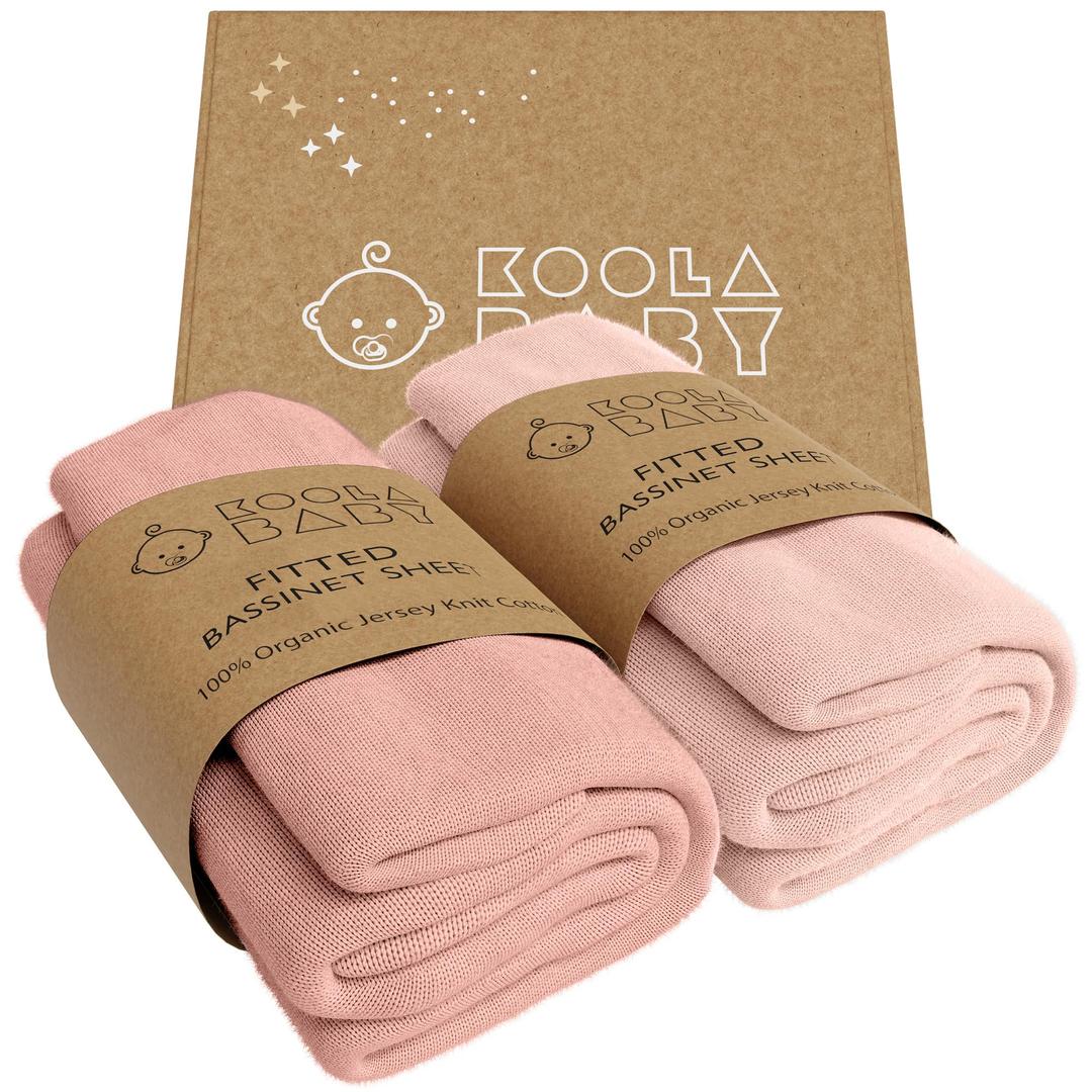 2 Pack Moses Basket Sheets Soft Breathable Cotton Stretchy Sheets for Hourglass Oval Rectangle Crib Mattress (Apricot Caramel Set)Pink