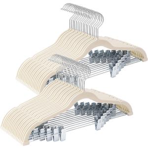 36-Pack Beige Velvet Hangers with Clips Adjustable,Adult Hangers,Heavy-Duty,Felt,Non-Slip,Space Saving,Slim Outfit Hanger for Pants, Skirts, Suits,Coats, Dresses ect.