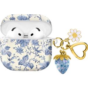 Compatible with AirPod 4,2024, The Full-Protection Shockproof Wireless Earphone case Comes with a Cute and Beautiful Strawberry Keychain Pendant, Suitable for LadiesFlowers Blue Strawberry