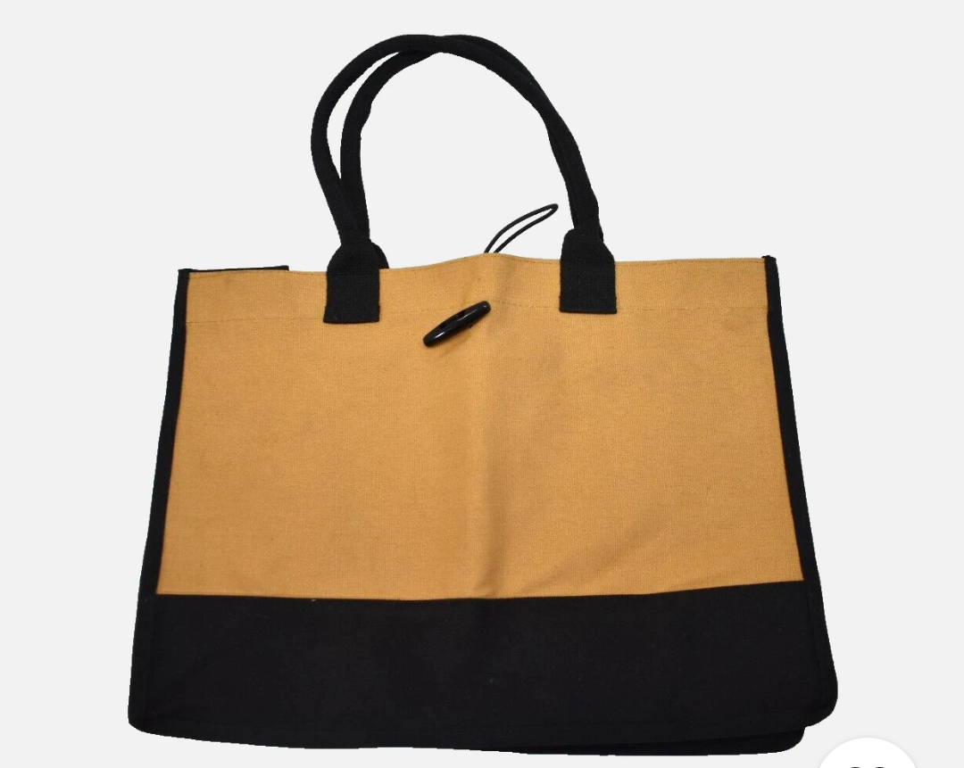 Cotton Canvas Shopping Tote Bag Grocery Carry Case Black/Beige w Elastic Close