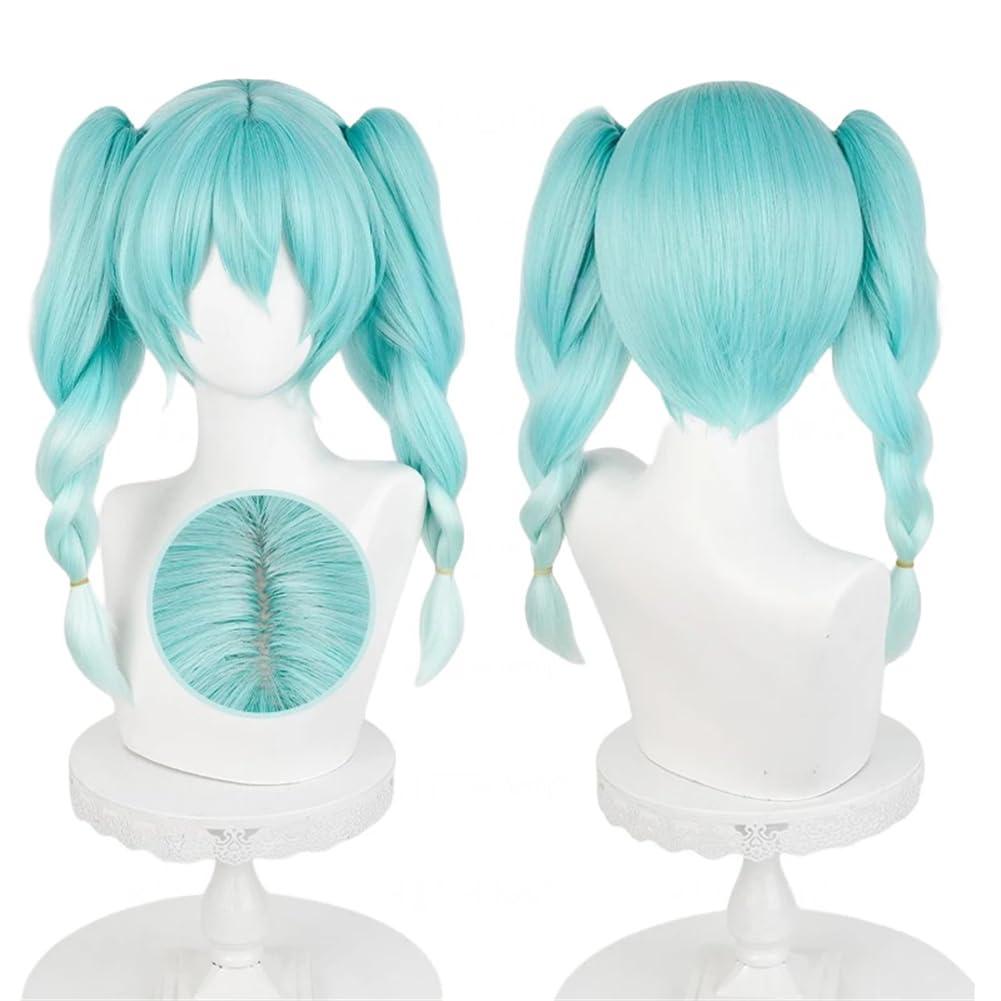 Xingwang Queen Anime Bunny Cosplay Wig with 45cm Pre Braided Pigtails Cyan Gradient Heat Resistant Synthetic Party Wigs for Women Girls