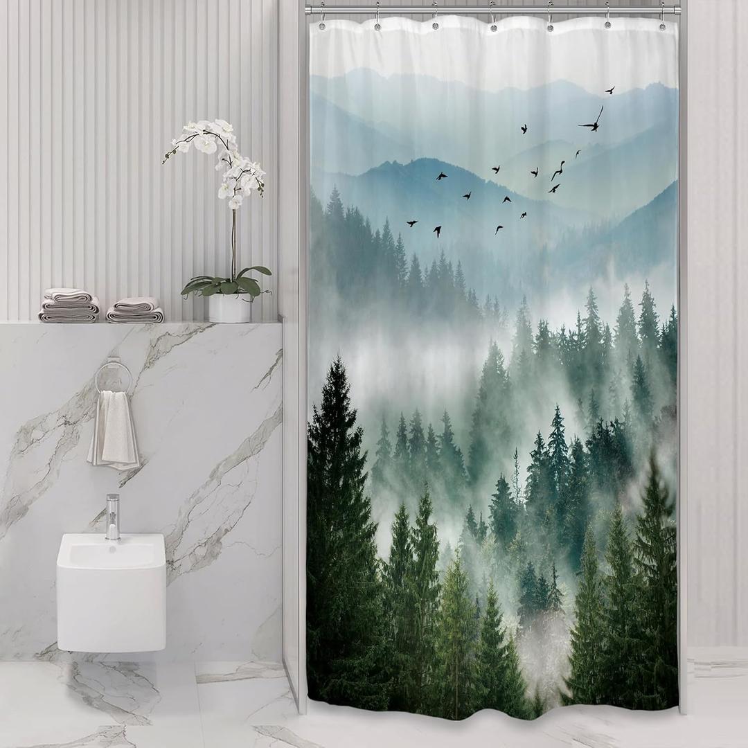 Riyidecor Small Stall Mountain Shower Curtain 36Wx72H Inch Green Rv Single Rustic Foggy Misty Nature Pine Tree Scenery Woodland Mens Bathroom Decor Fabric Polyester Waterproof 7 Pack Hooks