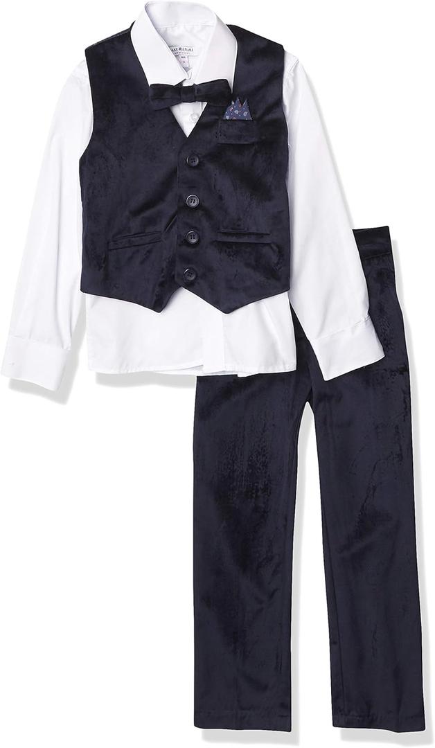 Isaac Mizrahi Boys' 4-Piece Velvet Vest Set (5, Navy)