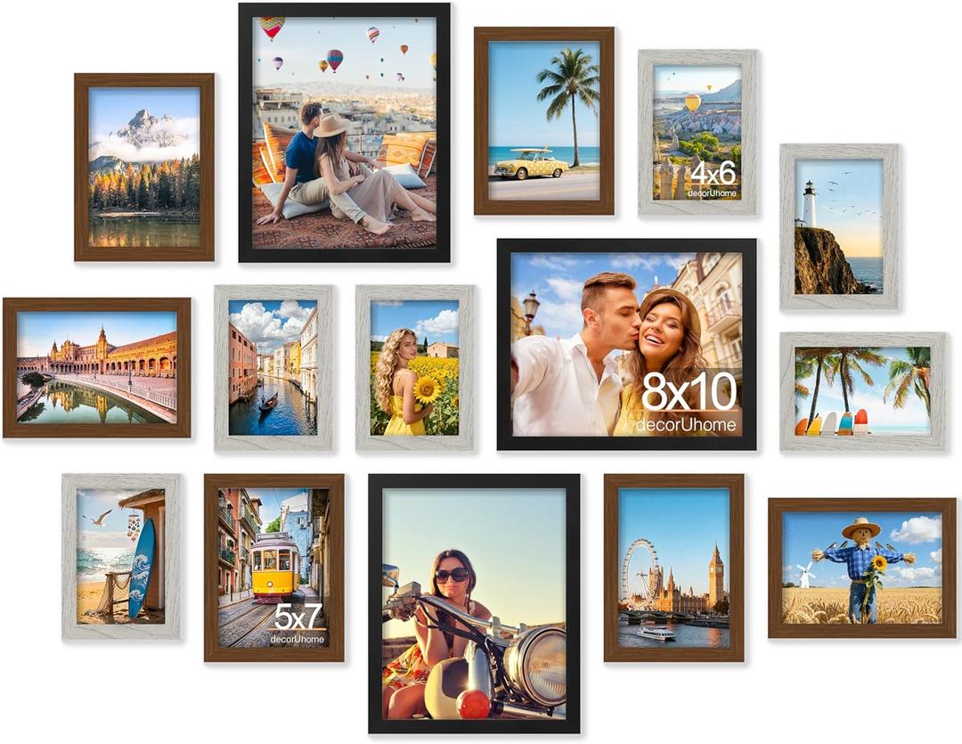 decorUhome Assorted Picture Frames Collage Wall Decor for Photo Gallery Display Set of 15 Including Three 8x10 / Six 5x7 / Six 4x6 for Family Wall Decor, Black/Brown/Grey, 15 Pack (Multi)
