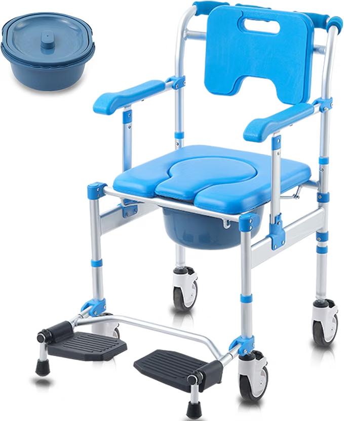 Shower Chair with Wheels Folding Armrests Can Be Upturned Rolling Shower Wheelchair Bedside Commode Chair Toilet with Detachable Bucket for Seniors and Disabled, Weight Capacity 330lbs (Blue)