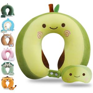 Cute Travel Pillow with Sleep Eye Mask Cartoon Headrest & Neck Pillow for Kids Boys & Girls, Teens, Travel Accessories for Airplane, Car, Recline, Home Use Memory Foam Flight - Green Avocado