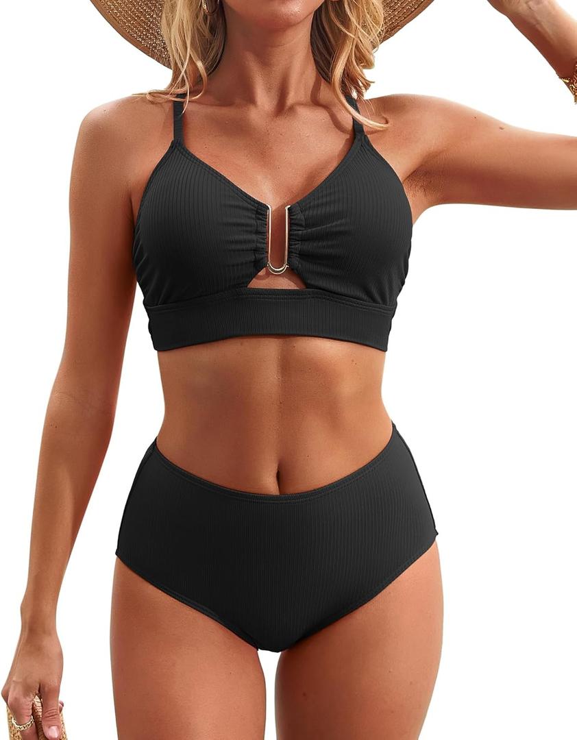 Charmo Push up Ribbed High Rise Bikini Sets Women Large Bust Longline Modest Bikini Swimsuits 2 Piece Black L