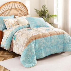 Cmfshape Blue Coastal Queen Size Comforter Set 7 Pieces,Starfish Printed Bedding Bed in A Bag,Soft Microfiber Comforter with Sheet Sets,Pillowcases&Shams for All Season,90x90