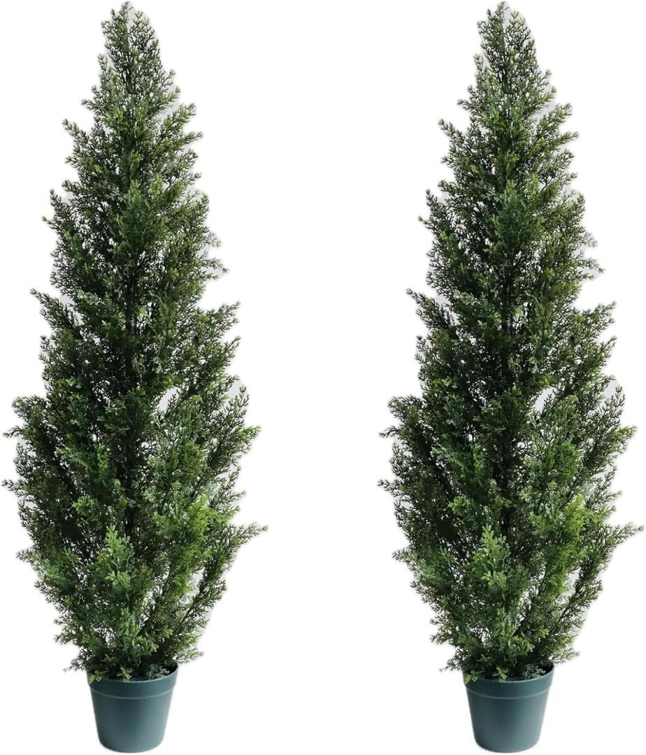 4 Feet Outdoor Artificial Topiary Cedar Tree, Set of 2 UV Resistant Potted Faux Cedar Trees for Outdoors and Indoors, Decorative Fake Shrubs Topiary Trees for Home Living Room Front Door Decor (Green)