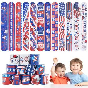 4th of July Party Favors Slap Bracelets for Kids 32PCS Red White and Blue American Flag Patriotic Snap Bracelet Bulk Independence Day Party Supplies Fourth of July Kids Toys Gifts Classroom Prizes