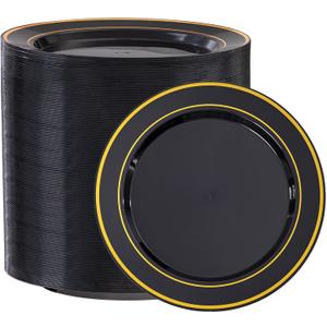 100Pcs Black Plastic Dessert Plates, Disposable Salad Plate with Gold Rim, Premium Hard Fancy Small Plates, Heavy Duty Plastic Cakes Plates for Party, Wedding and Birthday