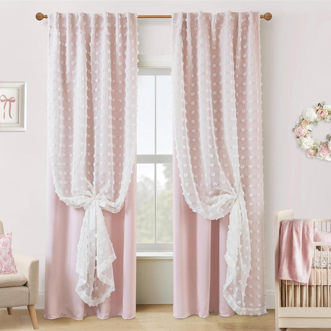 Lino Rosa Pink Blackout Curtains for Bedroom Nursery 2 Panels,Sheer White Overlay Pom Pom Floral Ruffle Cute Coquette Aesthetic Room Decor for Baby Girl Teen, 50"W x 84"L