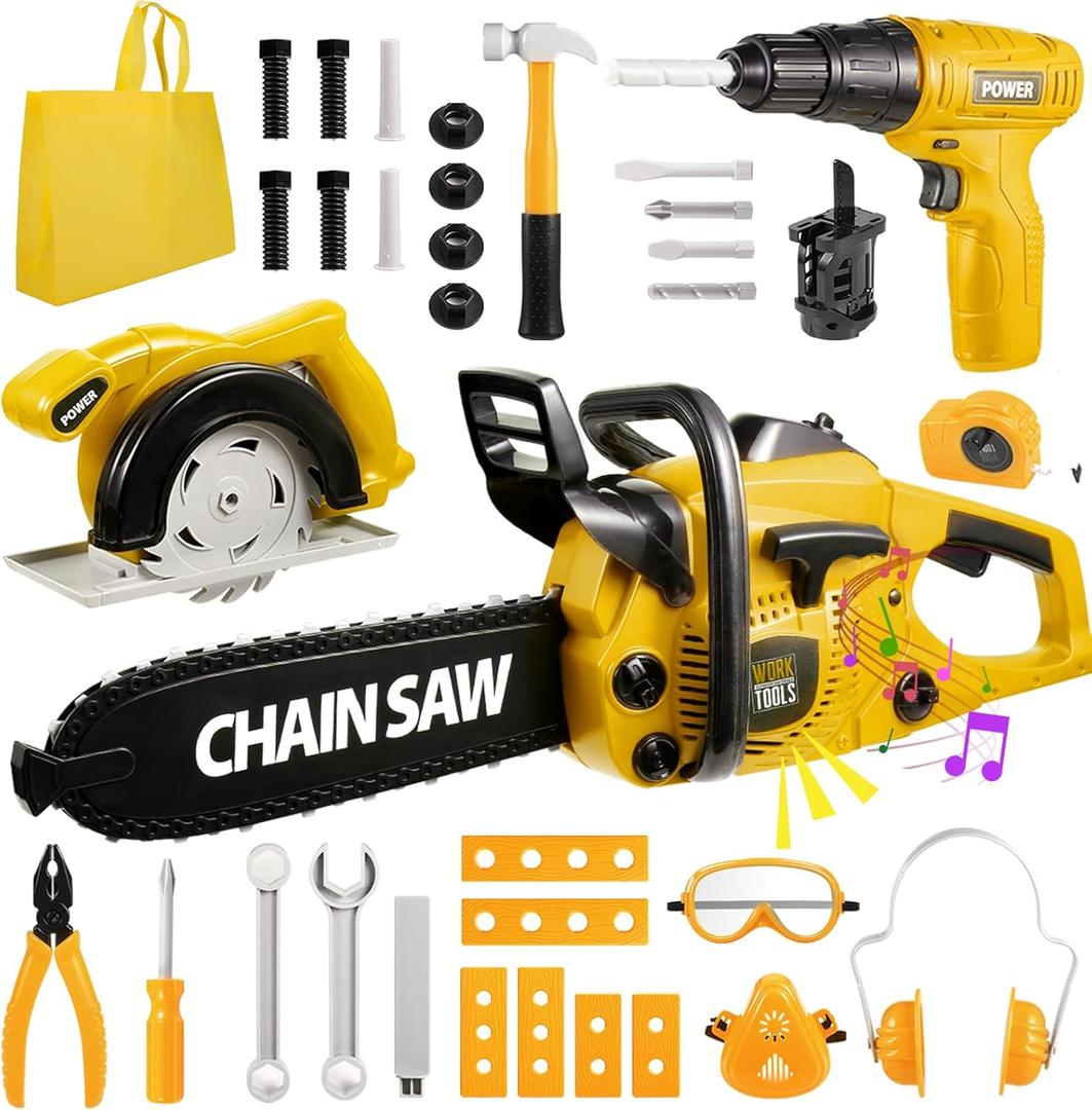 Vextronic Kids Tool Set 37 PCS with Electric Toy Chainsaw Drill Circular Saw with Realistic Sounds, Toy Tool Set for Toddlers 3 4 5 6 7 8, Pretend Play Kids Power Tools Kit Gift for Boys Girls Yellow