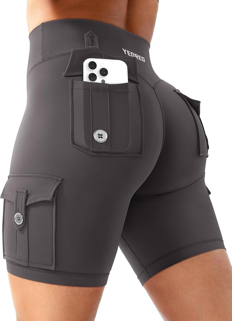 YEOREO CoreFlex Women Workout Biker Shorts with Cargo Pockets Hidden Scrunch High Waisted 8" Inseam Gym Shorts (XX-Large, Dark Grey)