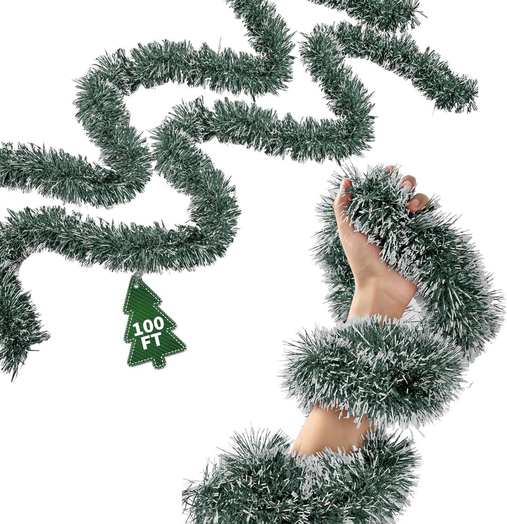 100Ft Christmas Garland - Xmas Tree Decorations, Christmas Tinsel Decorations for Indoor&Outdoor Home Decor, Christmas Metallic Twist Garland Ceiling Hanging Decorations for New Year(Green)