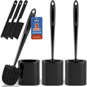 Toilet Brush, 3 Pack Toilet Brush and Holder Set Bathroom Accessories, Toilet Bowl Brush and Holder with 3 Crevice Brush for Bathroom, Toilet Scrubber Brush (Black)