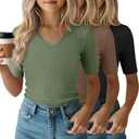 3 Pack Girls Short Sleeve Slim Shirts | V Neck Tops, Ribbed Knit, Cute, Casual, Tight, Basic, Solid, Plain, Summer, Layer, Comfortable, Versatile, Breathable