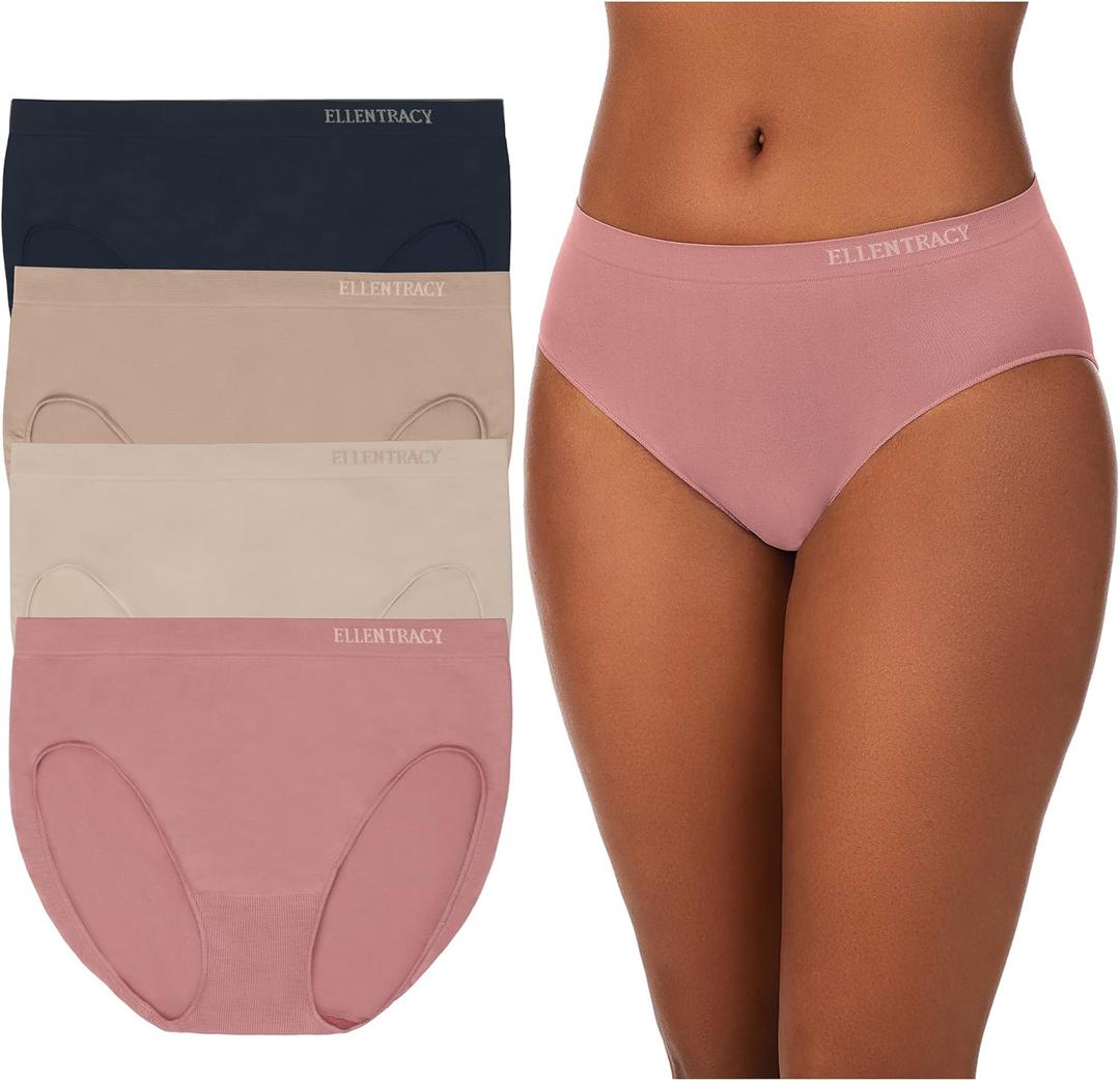 ELLEN TRACY Womens High Cut Brief Panties Breathable Seamless Underwear 4-Pack Multipack (Regular & Plus Size) (2X)