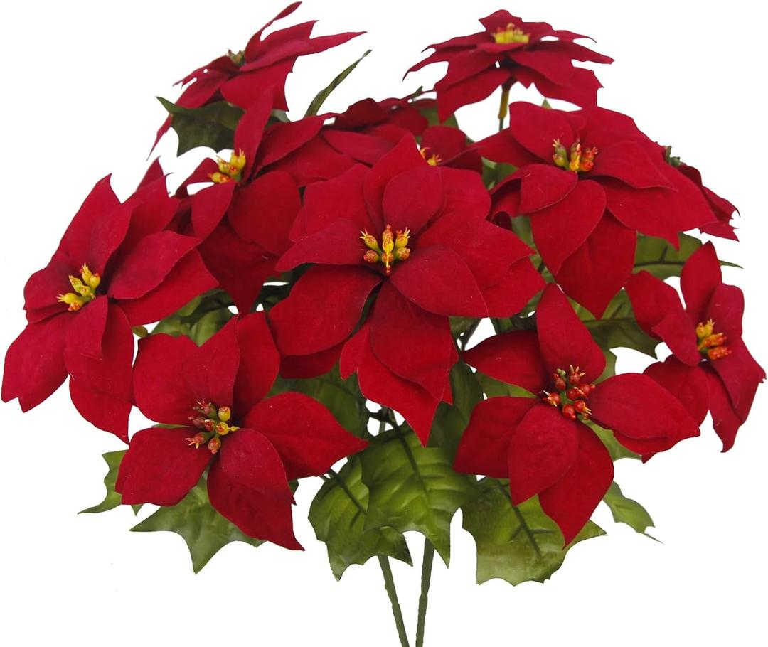 CISDUEO 2 Pcs Artificial Christmas Flowers Red Poinsettia Bushes Christmas Flowers Burgundy Velvet 7 Heads Silk Poinsettias Flowers Floral for Table Centerpiece Ornament Fillers Porch Decorations