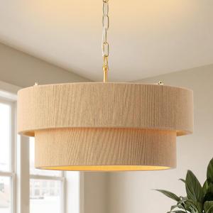 18.1" Rattan Chandelier, 2-Tier Boho Rattan Pendant Ceiling Light Fixture, 5-Light E12 Dimmable Modern Ceiling Light Fixtures for Dining Room, Kitchen Island, Living Room(Brown)