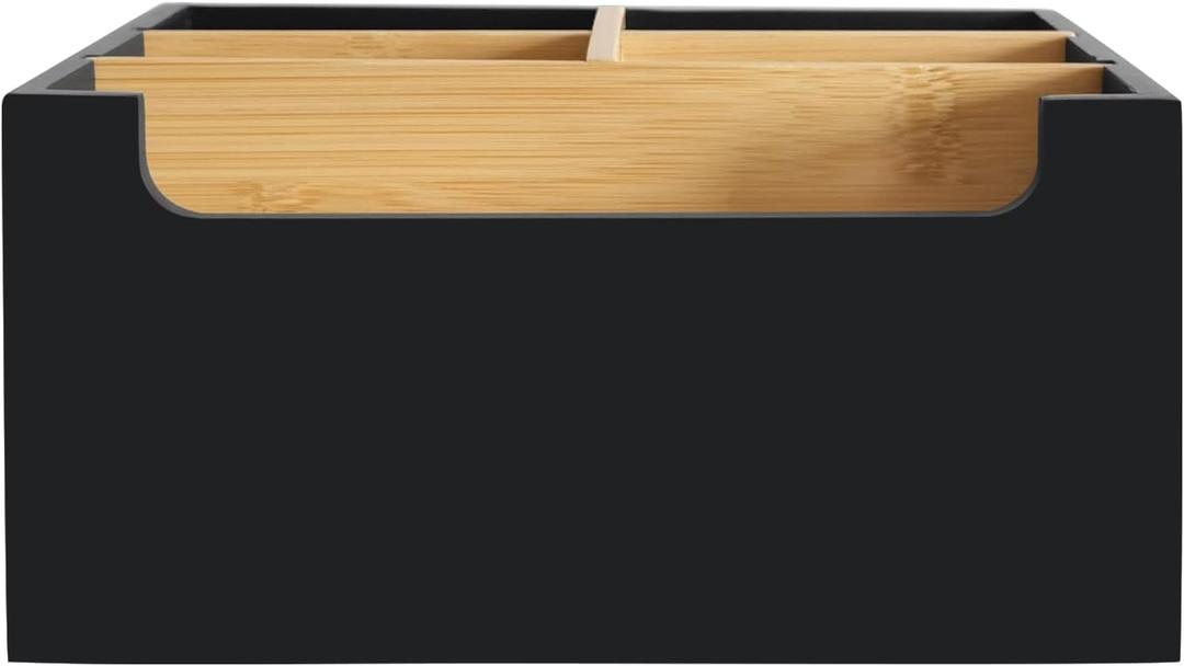 Black Pen Holder for Desk with Adjustable Bamboo Dividers, 5-Slot Wooden Pencil Holder for Desk, Small Remote Control Holder Office Supply Organizer for Bills, Mails, Makeup Brushes