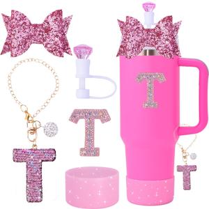 2 x 5Pcs Stanley Cup Accessories Set,Letter Charm for Stanley Cups,Including Diamond Straw,Bow straw,Sparkly Silicone Boot for Stanley Cup 30oz&40oz(T)